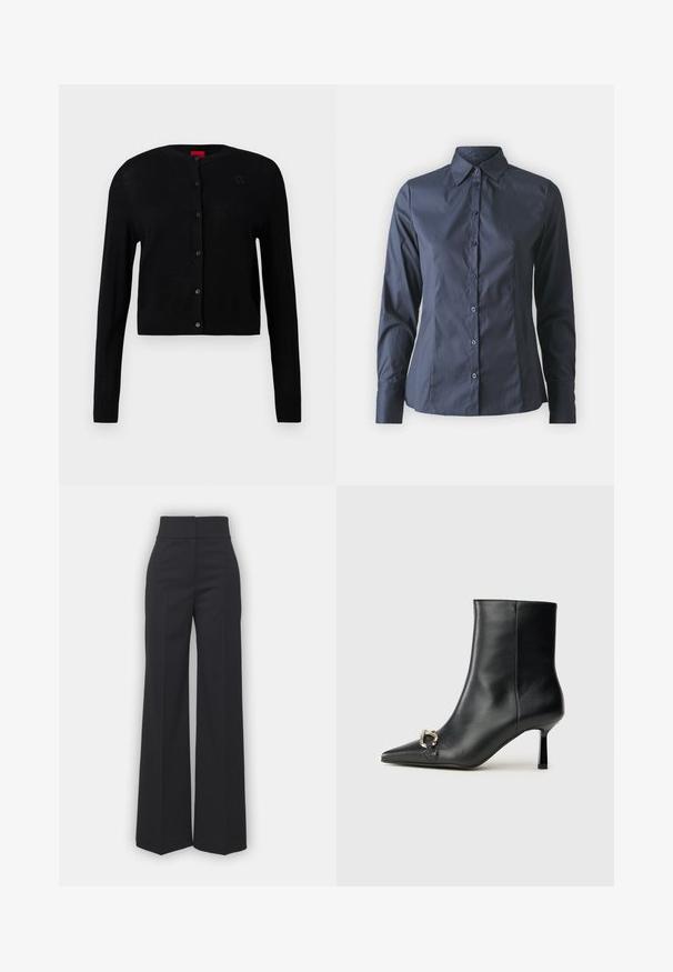 Cardigan preto feito de tecido leve, com decote redondo, mangas longas e fecho à frente com botões, apresentando um discreto detalhe do logótipo no peito.; Camisa de manga longa azul-escura com fecho à frente por botões, gola pontiaguda e um corte ajustado. Feita de tecido suave e leve.; Calças largas em tecido preto com um cós alto, apresentando um acabamento limpo e uma textura suave. Sem hardware ou padrões visíveis.; Bota preta de couro até ao tornozelo com bico apontado, salto slim de altura média e detalhe em fivela prateada de lado, contra um fundo simples.