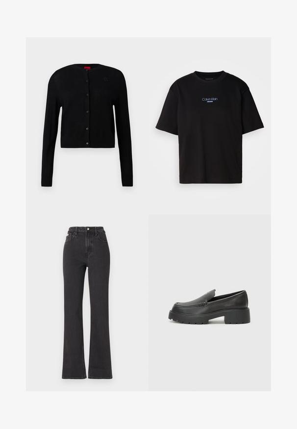 Svart kofta i lätt tyg, med rund halsringning, långa ärmar och knappstängning framtill samt subtil logotypdetalj på bröstet.; Svart bomulls T-shirt med rund nacke, korta ärmar och blå broderad "Calvin Klein JEANS" logotyp på framsidan.; Svarta högmidjade utsvängda jeans i denim, med knappknäppning, bältesöglor och sidofickor. Slät textur med minimal urtvättning.; Svarta läderloafers med rund tå, tjockt strukturerat såle och minimala sömnadsdetaljer. Snygg design utan synliga snören eller beslag.