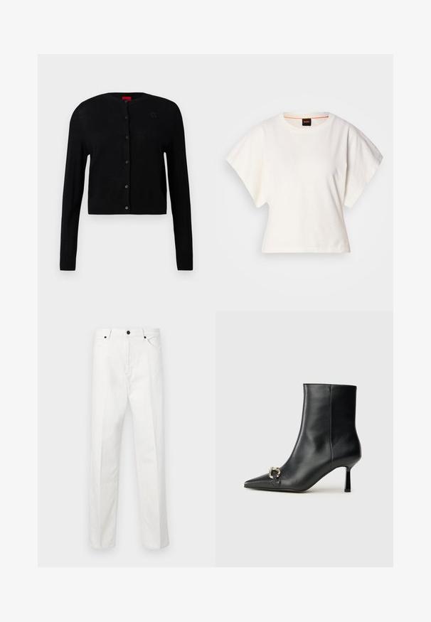 Cardigan preto feito de tecido leve, com decote redondo, mangas longas e fecho à frente com botões, apresentando um discreto detalhe do logótipo no peito.; T-shirt branco cropped, mangas curtas e largas, material de algodão suave, decote redondo com um discreto acabamento laranja, design minimalista, sem padrões ou gráficos.; Calças de ganga brancas com corte straight, fecho de botão e dois bolsos frontais. Sem padrões ou adornos visíveis. Textura suave.; Bota preta de couro até ao tornozelo com bico apontado, salto slim de altura média e detalhe em fivela prateada de lado, contra um fundo simples.
