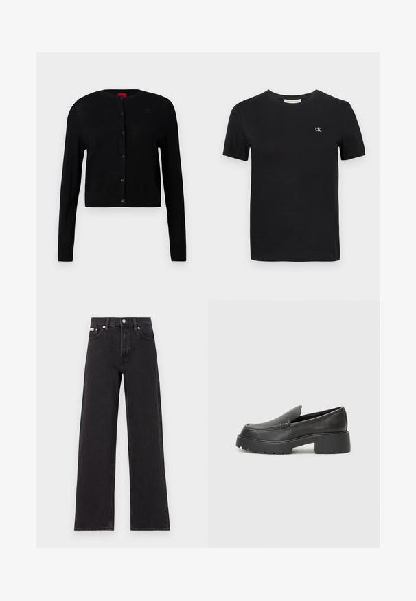 Cardigan preto feito de tecido leve, com decote redondo, mangas longas e fecho à frente com botões, apresentando um discreto detalhe do logótipo no peito.; T-shirt de algodão preto com um clássico decote redondo, mangas curtas e um pequeno logótipo bordado "ck" em branco no peito.; Jeans de perna larga pretos feitos de denim, apresentando uma cintura alta, estilo de cinco bolsos e um fecho em botão de metal com costura contrastante.; Mocassins de couro preto com bico arredondado, sola espessa e texturizada, e detalhes de costura minimalistas. Design elegante sem atacadores ou ferragens visíveis.