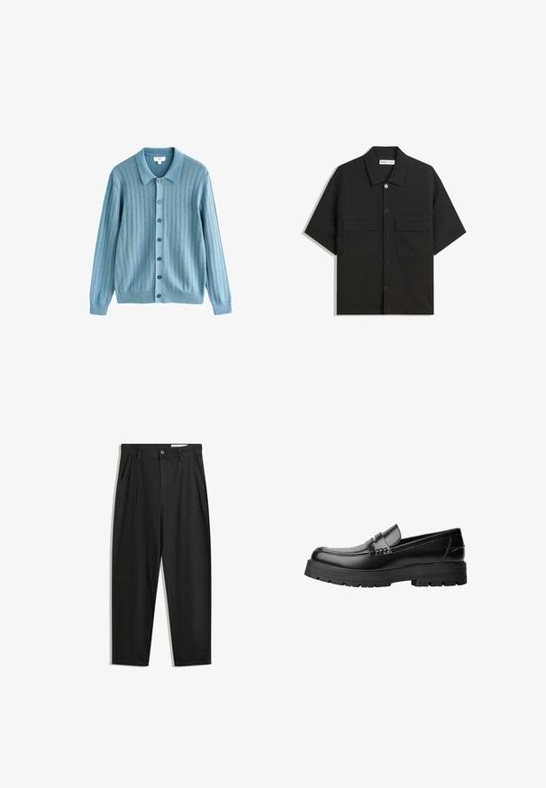 Svijetloplava jacek s rebrastom teksturom, ovratničkim izrezom, prednjim kopčanjem na dugmad i dugim rukavima. Istaknute tamne dugmadi naglašavaju dizajn.; Črna kratkotrajna srajca iz tkanine z gladko teksturo, ima dve sprednji žepki, klasičen ovratnik in zapiranje na gumb.; Črne bombažne hlače s sproščenim krojem, ki vključujejo klasičen pas, sprednje gube in stranske žepke. Gladka tekstura brez vzorcev.; Črne usnjene loafersice s debelim profiliranim podplatom in dekorativnim pasom čez zgornji del, prikazane v levem stranskem profilu na beli podlagi.