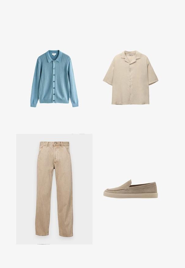 Hellblauer Cardigan mit geripptem Muster, einem kragenlosen Ausschnitt, einer vorderen Knopfleiste und langen Ärmeln. Auffällige dunkle Knöpfe akzentuieren das Design.; Beige Kurzarmhemd aus leichtem Stoff, mit einem eingearbeiteten Kragen und fünf Knöpfen auf der Vorderseite, in lockerer Passform.; Beige Denim-Jeans mit geradem Beinschnitt, ausgestattet mit Vordertaschen, einem Metallknopfverschluss und feiner Textur.; Beige Wildleder-Slipper mit abgerundeter Spitze, niedrigem Profil und strukturiertem Finish. Mit dezenten Steppnähten entlang des Obermaterials.
