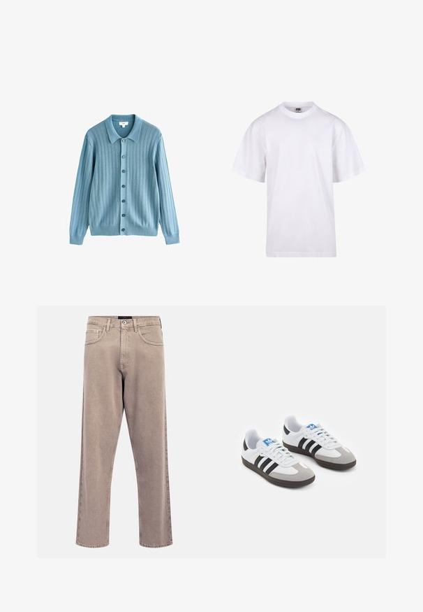 Light blue cardigan with a ribbed texture, a collared neckline, front button closure, and long sleeves. Notable dark buttons accent the design.; White cotton t-shirt with a crew neckline, short sleeves, and a relaxed fit. Features plain design without patterns or accents.; Light beige straight-leg jeans with a slightly faded texture, five-pocket design, and metal button closure. Prominent stitching details.; Sport shoes with a white leather upper, gray suede toe, and three black stripes. Features a blue logo on the tongue and a textured rubber sole.