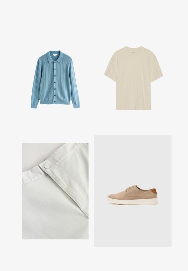Lichtblauwe cardigan met een geribbelde textuur, een kraag en een knoopsluiting aan de voorkant, en lange mouwen. Opvallende donkere knopen accentueren het ontwerp.; Crème-kleurig t-shirt met korte mouwen, voorzien van een subtiele gestreepte textuur en een ronde halslijn, gemaakt van lichte stof.; Witte katoen stof met een knoopsluiting op de taille, met subtiele textuur en gestikte details langs de naden.; Beige suède sneakers met een ronde neus, vetersluiting aan de voorkant en een getextureerde achteraccent. De witte rubberen zool zorgt voor contrast. Eenvoudig en modern ontwerp.