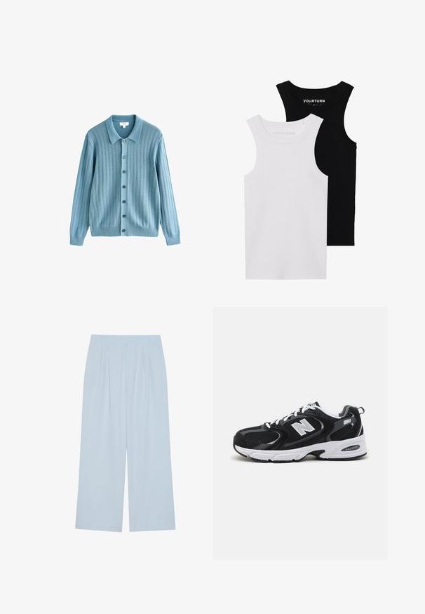 Cárdigan azul claro con textura acanalada, cuello con solapas, cierre de botones en la parte delantera y mangas largas. Botones oscuros notables acentúan el diseño.; Dos tops de tirantes ajustados en negro y blanco. Están hechos de algodón acanalado, cuentan con tirantes anchos y escote redondeado. Con la marca en el cuello.; Pantalones de pierna ancha azul claro, fabricados con un material suave, que cuentan con pliegues frontales y una cinturilla elástica para mayor comodidad.; Zapatillas deportivas en negro y gris con parte superior de malla y ante, que cuentan con una entresuela blanca, cordones y un llamativo logo "N" en el lateral.