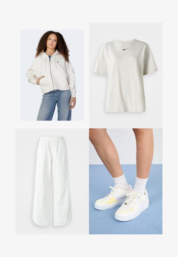 Fato de treino branco com fecho zip, feito de algodão suave, apresentando um capuz com cordão, bolsos frontais e um pequeno logótipo no lado esquerdo do peito.; T-shirt de algodão branco com decote redondo e mangas curtas. Apresenta um pequeno logo preto da Nike no peito. Design simples e sem adornos.; Calças atléticas largas brancas com uma cintura canelada e um discreto detalhe de logótipo. Tecido suave com um corte relaxado e terminações ajustadas.; Sneakers de couro branco com detalhes em amarelo e lavanda, bico arredondado, cadarços planos e sola de borracha texturizada. Usados com meias brancas.