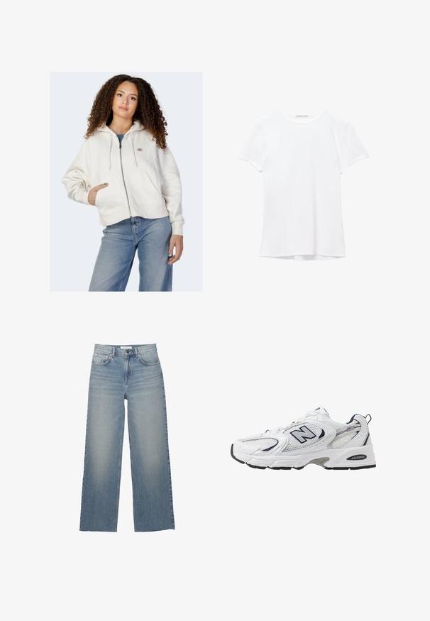 Bijela zip-up kapuljača napravljena od mekog pamuka, s kapuljačom na vezivanje, prednjim džepovima i malim logom na lijevoj strani prsiju.; Bijela majica kratkih rukava izrađena od glatkog materijala, s okruglim izrezom i suptilnim detaljima šivanja na rubu.; Svijetloplave široke traperice s visokim strukom, imaju prednje džepove i kopčanje na gumb. Glatka tekstura s izblijedjelim dijelovima.; Bijela atletska cipela s mrežastim gornjim dijelom, mornarskim akcentima i podstavljenim potplatom. Sadrži "N" logo, vezice i teksturirani detalj sa strane.