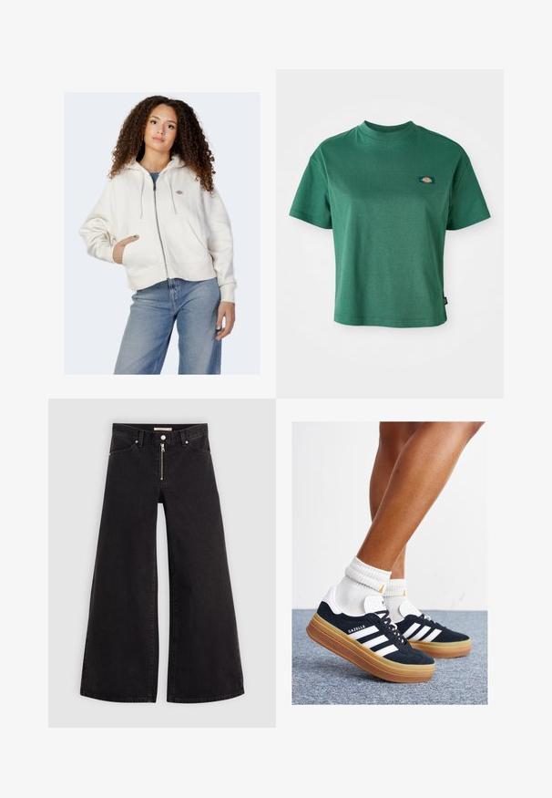 Felpa bianca con zip realizzata in morbido cotone, dotata di cappuccio con cordino, tasche davanti e un piccolo logo sul lato sinistro del petto.; T-shirt verde a maniche corte realizzato in cotone, con scollo rotondo, una piccola etichetta con logo sul petto e orlo dritto.; Jeans a gamba larga in denim nero con chiusura a zip, design a cinque tasche e dettagli di cucitura sottili. Texture morbida e stile casual.; Sneakers in pelle scamosciata nera con strisce e dettagli bianchi, punta arrotondata, suola in gomma color gomme, abbinate a calzini bianchi a coste alla caviglia.