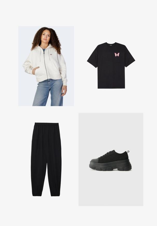Fehér, cipzáros kapucnis pulóver, puha pamutból készült, húzózsinórral ellátott kapucnival, elülső zsebekkel és egy kis logóval a bal mellkason.; Fekete pamut póló rövid ujjakkal, bal mellkason egy kis rózsaszín pillangó grafikával. Kerek nyakú kialakítás, laza fazonnal.; Fekete, könnyű nadrág elasztikus derékkal és ráncolt bokákkal. Az anyag sima és laza, szűkített dizájnnal rendelkezik.; Fekete sportcipők vastag gumitalppal, texturált szövet felsőrésszel, kerek orral és fűzős kialakítással. Megerősített fűzőlyukakkal és hátsó húzófüllel rendelkezik.