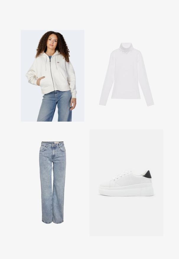 Sudadera blanca con cremallera, hecha de algodón suave, que cuenta con capucha ajustable, bolsillos frontales y un pequeño logo en el lado izquierdo del pecho.; Top blanco de manga larga y cuello alto, confeccionado en una tela suave y elástica. Presenta un diseño ajustado, sin patrones o adornos visibles.; Jeans de pernera ancha en azul claro, elaborados en denim, con cintura alta, diseño de cinco bolsillos y un ligero desvanecimiento que les da un aspecto usado.; Zapatillas de plataforma blancas hechas de material sintético suave, con punta redondeada, diseño de cordones y suela de goma texturizada. Acento en el talón negro.