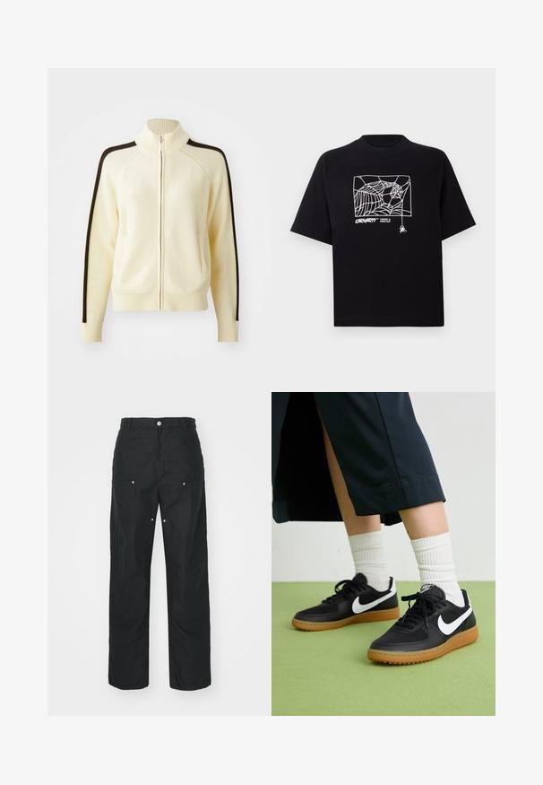 Kreminė užtrauktuko megztinis su aukšta apykakle, su tamsiai rudo spalvos šoninėmis juostomis, raukšlėtais rankovėmis ir dviem priekinių kišenių. Megzta tekstūra.; Juodas medvilnės marškinėliai su trumpomis rankovėmis. Priekyje yra balta voratinklio grafika ir logotipas. Paprastas apvalus iškarpymas.; Juodos kelnės su tiesiomis kojomis, pagamintos iš tekstūruotos medžiagos. Papuoštos dekoratyviniais sidabro detalėmis ir unikaliu siūlių apdorojimu.; Juodos odinės ir sintetinių medžiagų sportbačiai su balta Nike swoosh, guminis padas, apvalus pirštas ir juodi raišteliai. Matomos banguotos baltos kojinės.