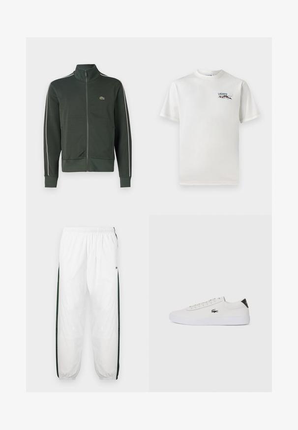 Grønn zip-up jakke med høy krage, hvite side-striper, ribbede mansjetter og hem, med en liten brodert logo på venstre bryst.; Hvit bomull T-skjorte med rund hals, korte ermer, og en liten brodert logo med fjell og tekst på venstre bryst.; Hvite joggebukser med mørkegrønne sidelommer. Lett materiale, elastisk midje og mansjetter ved buksebenene. Har mesh-struktur på sidene.; Hvit lær sneakers med rund tå, snøring foran og svart hælakkent. Har en liten brodert krokodillelogo på siden.