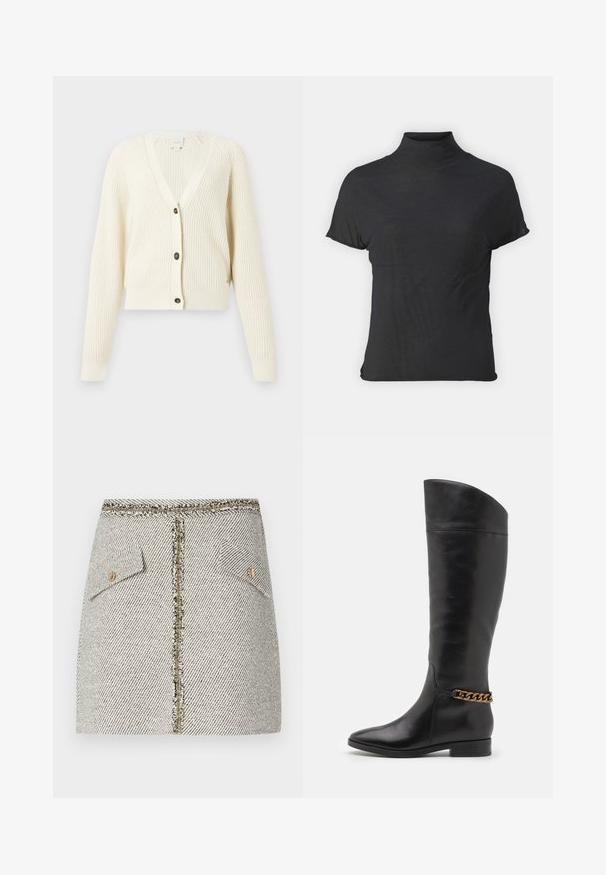 Cream ribbed cardigan with a V-neck, long sleeves, and five-button closure. Features a cropped silhouette and textured knit pattern.; Black short-sleeve turtleneck top made of lightweight fabric with a smooth texture and a fitted shape, featuring a high neckline.; Woven tweed skirt in white and black herringbone pattern, features two front pockets and a gold-tone zipper at the back with frayed edges.; Tall black leather boots with a sleek design, pointed toe, and a gold chain accent at the ankle. Low block heel. Smooth texture.