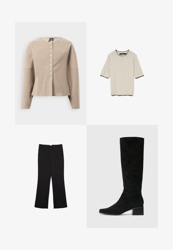 Beige stickad kofta med rund halsringning, knäppning framtill och långa ärmar. Texturerat tyg med ett subtilt mönster.; Kortärmad, ljusbeige T-shirt med rund hals och kontrasterande svart kant vid halsringningen och ärmarna, presenterad platt.; Svarta byxor med rak passform, utrustade med framfickor och sidoklyvningar vid fållen. Tillverkade av mjukt, slätt tyg. Lämpliga för olika tillfällen.; Knähöga svarta mockastövlar med spetsig tå och en kraftig rektangulär klo, med en slät yta och minimalistisk design.