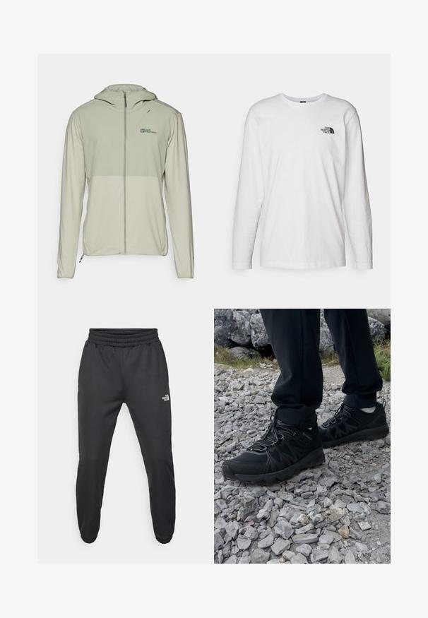 Giacca verde chiaro con zip e cappuccio, caratterizzata da una tonalità più chiara nella parte inferiore e un logo nella parte superiore sinistra. Tessuto liscio, maniche lunghe.; T-shirt bianco a maniche lunghe in cotone con colletto rotondo. Presenta un piccolo logo nero sul petto. Texture liscia, vestibilità regolare.; Pantaloni sportivi neri con vita regolabile tramitecordino, vestibilità affusolata, polsini elasticizzati e un piccolo logo bianco sulla coscia sinistra, realizzati in tessuto morbido.; Scarpe da esterni nere realizzate in mesh e materiale sintetico, con una parte superiore testurizzata, un sistema di allacciatura sicuro e una suola robusta, su terreno roccioso.