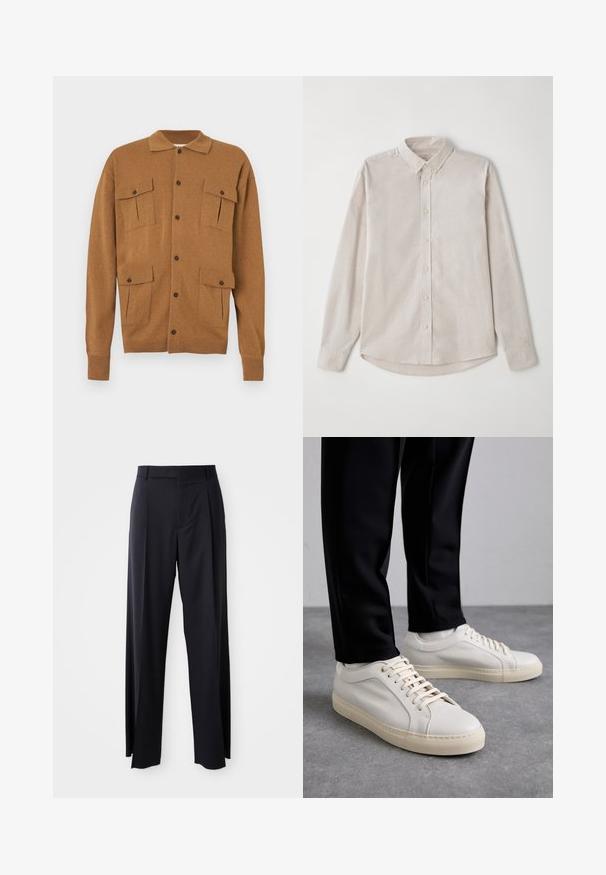 Rudas kardiganas su apykakle, dviem priekinių kišenėmis, keturiais mygtukais ir raukšlėtais rankogaliais. Minkšta tekstūra, atsitiktinio stiliaus dizainas.; Šviesiai ruda ilgomis rankovėmis marškinėliai, pagaminti iš minkštos medžiagos. Su mygtukų užsegimu ant apykaklės ir centriniu mygtukų užsegimu, turinčiu lenktą apatinę dalį.; Juodi, aukštai užtraukiami kelnių modeliai su plačiomis kojomis, pagaminti iš lygaus audinio. Yra priekiniai raukšlės ir diržo kilpos. Minimalistinio dizaino, be matomų detalių.; Šviesūs smėlio spalvos odiniai sportbačiai su plokščiomis raišteliais, tekstūruotu paviršiumi ir kontrastinga kreminės spalvos gumine padu, derinami su juodomis siaurėjančiomis kelnėmis.