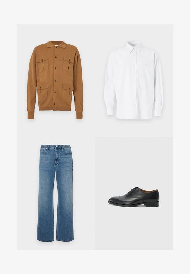 Pruun kardigan, millel on krae, kaks eesmist taskut, neli nööpaukkoja ja soonilised varrukad. Pehme tekstuur ja mugav disain.; Valge nööpidega särk kraega, millel on peened vertikaalsed triibud, pikad varrukad, rinnatasku ja klassikaline ümar serv.; Laiad sinised teksad, mis on valmistatud denimist ja millel on kulunud viimistlus. Omab viit taskut, ees nööpidega kinnitust ja sirget lõiget.; Must have nahkkingak, sileda viimistluse, ümarate varvastega, viie silmaga paelte jaoks ja madala ploki kontsaga. Minimalistlik disain koos diskreetsete õmblustega.