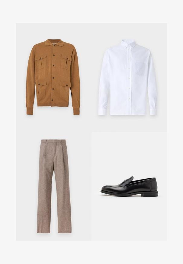 Pruun kardigan, millel on krae, kaks eesmist taskut, neli nööpaukkoja ja soonilised varrukad. Pehme tekstuur ja mugav disain.; Valge pikamaa varrukatega nööbiga särk, mis on valmistatud puuvillast ja millel on rinna tasku toon-toonis brodeeringuga, krae ja nööbiga mansetid.; Prunnid, kõrge vöökohaga püksid, mis on valmistatud tekstureeritud kangast. Omavad laiu jalgu ja kahte eesmist voldikut struktuuri jaoks. Korralik viimistlus, ilma nähtava riistvarata.; Mustad mustad nahast loafers sileda tekstuuriga, ümarat ninaosa ja dekoratiivne riba vampi üle. Madal kihiline konts, minimalistlik disain.