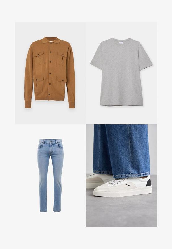 Brūns kardigans ar apkakles kaklu, divām priekšējām kabatām, četriem pogu aizdariem un ribotām piedurknēm. Mīksta tekstūra, ikdienišķa piegriezuma dizains.; Pelēks īsā piedurkņu T-krekls, kas izgatavots no mīkstas, teksturētas auduma. Tam ir klasiskā apļa kakla izgriezums un taisna apakšmalā, piemērots ikdienas valkāšanai.; Gai zila denima bikses ar šauru piegriezumu, piecām kabatām un taisnu kāju dizainu. Iekļautas rāvējslēdzēju aizdare un jostas cilpas. Mīksta tekstūra.; Balti un melni apavi ar gludu ādas virsu, teksturētiem akcentiem un masīvu baltu zoli. Iespējojot klasisku šņorējamu dizainu.