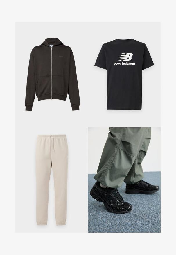 Bareen BOBA OVERSIZED ZIP HOODIE - Felpa con zip - pirate black; T-shirt in cotone nero con il logo bianco New Balance e un design grafico sul davanti. Maniche corte e collo a giro.; Pantaloni della tuta beige chiaro realizzati in tessuto morbido, con una vita elastica, un cordoncino regolabile e polsini a vite alle caviglie.; Sneaker atletici neri con texture lucida e in rete, dotati di una suola spessa e lacci, abbinati a pantaloni cargo larghi verde oliva.