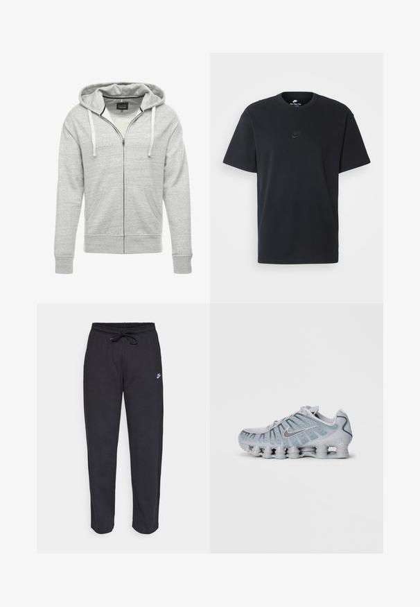 Gray zip-up hoodie made of soft, textured fabric. Features a drawstring hood, front pockets, and ribbed cuffs and hem.; Nike black cotton t-shirt with a classic crew neck, short sleeves, and a subtle, embossed logo on the chest. Smooth texture.; Black sweatpants made of soft fabric with an elastic waistband, drawstring, and a small Nike logo on the left thigh.; Light gray Nike sneakers with a textured upper, mesh detailing, and a unique cushioned sole featuring multiple rounded pods.
