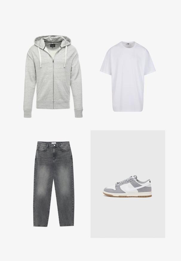 Sivá mikina s kapucňou na zips vyrobená z mäkkej, textúrovanej tkaniny. Obsahuje stiahnuteľnú kapucňu, predné vrecká a rebrované manžety a lem.; Biela bavlnená tričko s krátkymi rukávmi, okrúhlym výstrihom, uvoľneným strihom a žiadnymi viditeľnými logami alebo vzormi. Hladká textúra a minimálny dizajn.; Vysoké, voľné džínsy z vyblednutého čierneho denimu. Obsahujú päť vreciek, pútka na opasok a čistý, rovný strih nohavíc.; Sivé a biele tenisky s vrchom z semišu a kože, zaoblenou špičkou, plochými šnúrkami a gumovou podrážkou s akcentom vo farbe gumy.