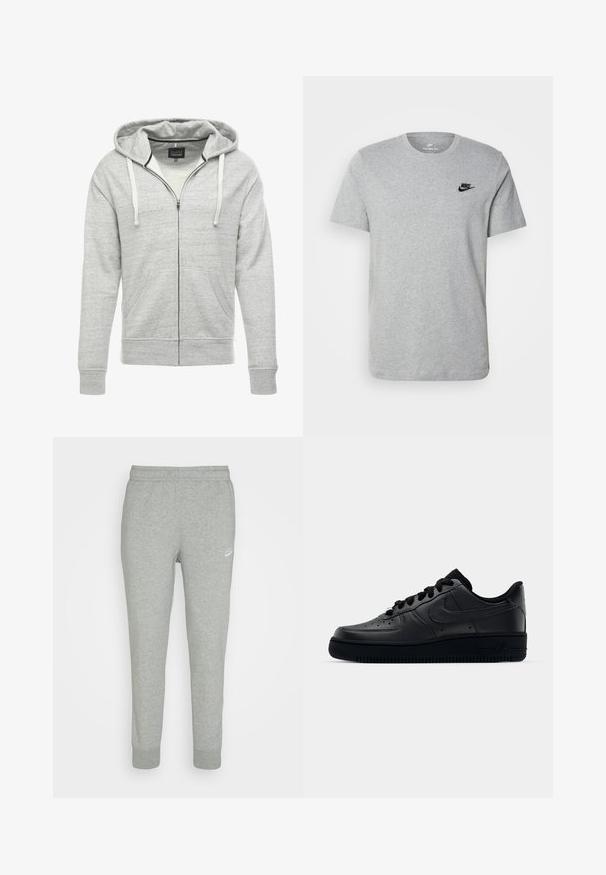 Pelēks puloveris ar rāvējslēdzēju, izgatavots no mīkstas, teksturētas auduma. Iekļauj kapuci ar auklu, priekšējās kabatas un ribota piedurknes un apakšmalu.; Pelēka īsām piedurknēm T-kreklā, kas izgatavots no kokvilnas, ar melnu Nike logotipu uz krūtīm un apaļu dekoltē. Minimalistiska dizaina bez rakstiem.; Pelēkas sporta bikses, izgatavotas no mīkstas auduma, ar pieguļošiem kāju galiem, elastīgu jostasvietu un mazu baltu Nike logo kreisajā augšstilbā.; Melni Nike Air Force 1 apavi ar gludu ādas virsu, perforētu purngalu gaisa caurlaidībai, melnām šņorēm un teksturētu gumijas zoli.