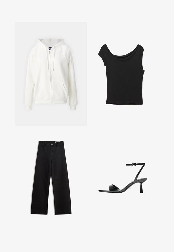 GAP NEW HOODIE - Felpa con zip - off white; Top nero a maniche corte realizzato in tessuto liscio; presenta un colletto drappeggiato e un orlo asimmetrico, con una vestibilità aderente.; Pantaloni in denim neri a gamba larga con vita alta, dotati di tasche anteriori e posteriori, cuciture a punto, e chiusura con bottone. Texture liscia.; Bershka Sandali con tacco - black