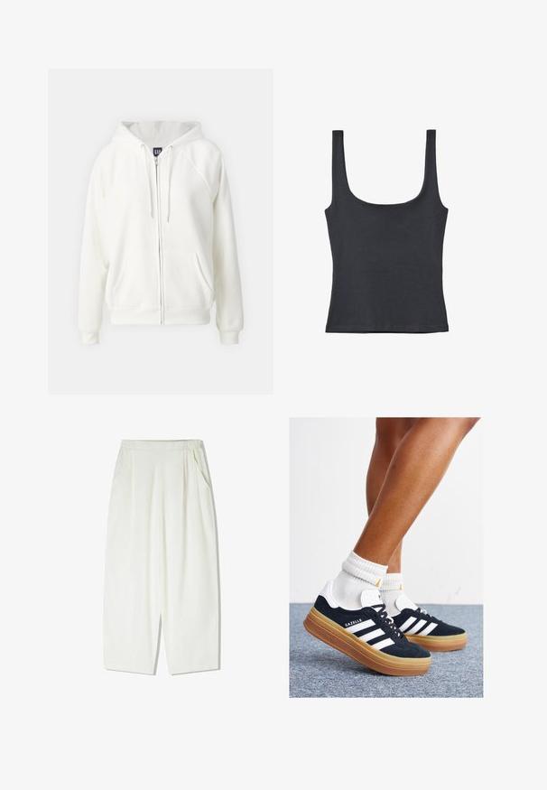 GAP NEW HOODIE - Tröja med dragkedja - off white; Svart linne i en mjuk bomullsmix, med rundad halsringning och breda axelremmar, med en figurnära design och utan synliga mönster.; Lösa, knälånga vita byxor i ett lättviktigt material, med sidofickor och ett samlat elastiskt midjeband.; Svarta sneakers i mocka med vita ränder och detaljer, rundad tå, yttersula i gummiblandning, kombinerade med vita ribbade crew-strumpor.