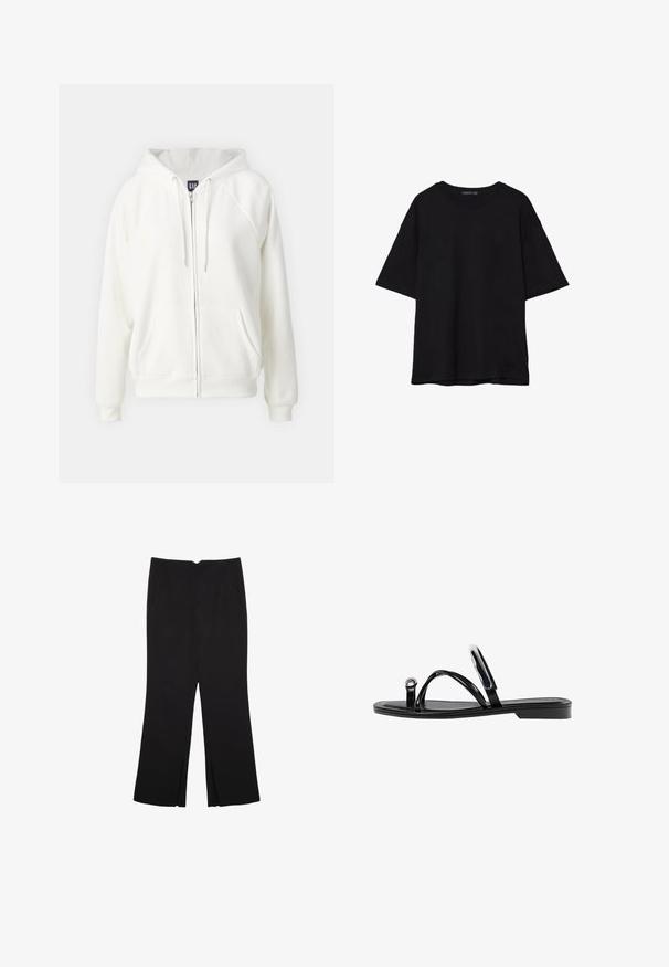 GAP NEW HOODIE - Mikina so zipsom - off white; Čierne bavlnené tričko s voľným strihom, krátkymi rukávmi, zaobleným výstrihom a hladkou textúrou. Bez viditeľných vzorov alebo akcentov.; Čierne nohavice so strihom rovného strihu, s prednými vreckami a bočnými rozparkami na leme. Vyrobené z mäkkej, hladkej tkaniny. Vhodné na rôzne príležitosti.; Čierne ploché sandále s lesklým povrchom, tromi tenkými popruhmi a okrúhlou kovovou ozdobou na prste. Elegantný dizajn s minimálnym podpätkom.