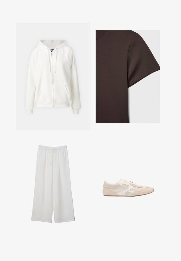 GAP NEW HOODIE - Majica s kapuljačom i patentnim zatvaračem - off white; Tamno smeđa kratkotrajna majica s kratkim rukavima napravljena od glatkog, rastezljivog materijala, s klasičnim okruglim izrezom i čistim detaljima šivanja.; Bijele hlače širokog kroja izrađene od lagane tkanine, s elastičnim pojasom i vezicom za prilagodljivu veličinu. Glatka tekstura.; Bež sportska cipela koja se sastoji od kombinacije mrežastih i antilop materijala, zaobljenog vrha i vezica. Teksturalni detalji na gornjem dijelu poboljšavaju prijanjanje.