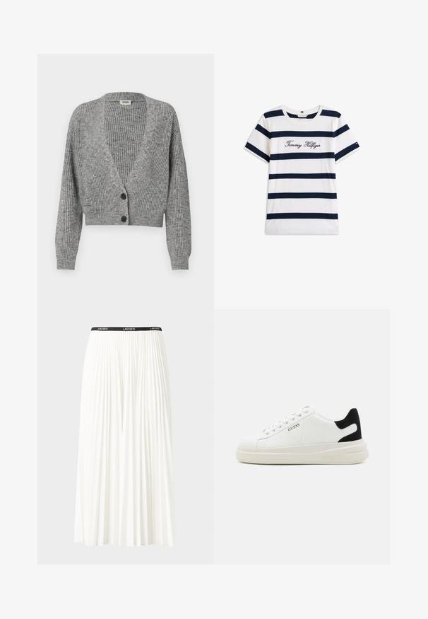 Siva skrajšana jopica z rebrastim vzorcem, V-izrezom in tremi črnimi gumbi. Rokavi so rahlo napihnjeni, kar poudarja oblikovanje.; Bombažna majica s horizontalnimi mornarsko modrimi črtami na belem ozadju. "Tommy Hilfiger" izvezeno v kurzivni pisavi na prsih. Okrugli izrez.; Gubasta bela krila z črnim elastičnim pasom, ki nosi logotip "LACOSTE". Srednje dolga zasnova z mehkobo tkanine.; Bele usnjene športne copate z debelim belim podplatom, črnimi semišnimi detajli na peti in utisnjenim logotipom na strani. Zavezovanje s šestimi luknjicami.