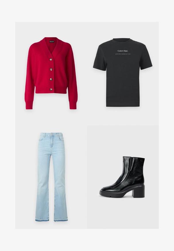 Cárdigan corto rojo con cuello de chal, cinco botones marrones y puños y dobladillo acanalados. Textura suave y detalles de diseño simples.; Camiseta de algodón negra con cuello redondo, mangas cortas y logo impreso en blanco de "Calvin Klein" junto con el texto "Establecido en 1968".; Pantalones de mezclilla acampanados de color azul claro, con una cintura alta, bolsillos frontales y un dobladillo sin rematar en los puños para un look casual.; Botas de tobillo de charol negro con puntera curva, paneles laterales elásticos y un tacón ancho. Presentan un logo embosado en la parte posterior.
