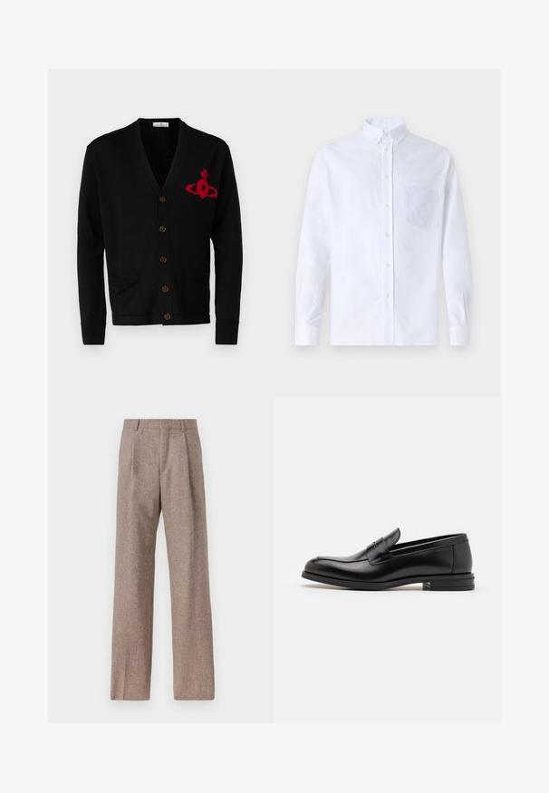 Vivienne Westwood ALEX CARDIGAN UNISEX - Adīta jaka - black; Balts garo piedurknēm krekliņš ar pogām, izgatavots no kokvilnas, ar krūšu kabatu ar tonālu izšuvumu, apkakli un pogām pie piedurknēm.; Brūni, augstos šortos izgatavoti no teksturēta auduma. Iezīmē plašas kājas un divas priekšējās krokas, kas nodrošina struktūru. Kārtīga apdare bez redzamām detaļām.; Melnas ādas kurpes ar gludu tekstūru, noapaļu purngalu un dekoratīvu siksniņu pāri priekšpusei. Zems sakrauts papēdis, minimālisma dizains.