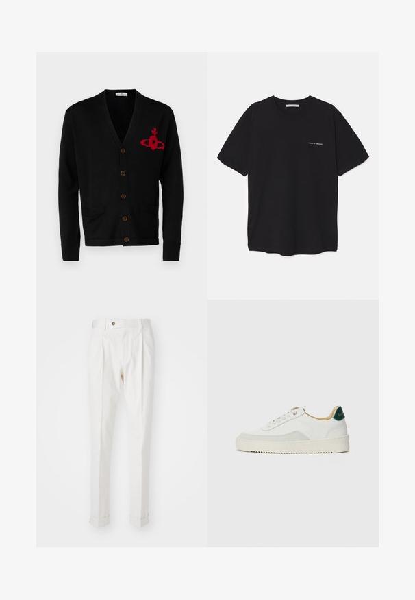 Vivienne Westwood ALEX CARDIGAN UNISEX - Casaco de malha - black; T-shirt preta de algodão com gola redonda, mangas curtas e impressão de logó tipo branca no lado esquerdo do peito. Design simples, de cor sólida.; Calças brancas, ajustadas, com frente lisa, duas pregas e bainhas viradas. Feitas de um tecido suave com fecho de botão na cintura.; Tênis brancos com detalhes em camurça, bico arredondado, atacadores planos e sola de borracha creme. Apresenta uma marcação verde no calcanhar.