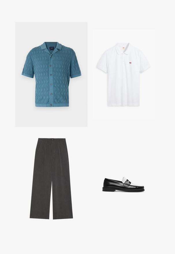 Majica kratkih rukava, plave boje, pletena, s valovitim uzorkom, ovratnikom i prednjim dugmadi. Teksturedna tkanina s rebrastim rubom i manžetama.; Bijela polo majica od pamuka. Ima plavu trodugu dugmad, kratke rukave i mali crveni Levi's logo na lijevoj strani prsiju.; Hlače širokog kroja od tamnosive tkanine, s plisiranim prednjim dijelom, dva bočna džepa i ravnim pojasom. Glatka tekstura i krojen dizajn.; Crne i bijele kožne loafere s sjajnom završnom obradom, koje imaju ravni potplat, šivane detalje i ukrasnu traku preko gornjeg dijela.