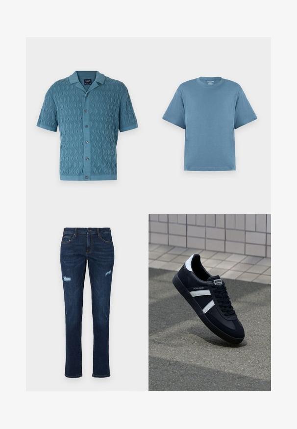 Kurze Ärmel, blaues Strickhemd mit einem wellenförmigen Muster, einem Kragen und vorderen Knöpfen. Strukturierter Stoff mit geripptem Saum und Bündchen.; Blaues T-Shirt mit kurzen Ärmeln, aus Baumwolle, mit Rundhalsausschnitt und lockerer Passform. Glatte Textur, minimalistisches Design, ohne Muster oder Akzente.; Dunkelblaue Denim-Jeans im geraden Schnitt, mit abgetragenen Rissen an den Knien, traditionellen Taschen und sichtbaren kontrastierenden Nähten.; Schwarze Leder-Sneaker mit weißen Streifen, strukturiertem Gummisohle und Schnürung. Verfügt über ein Markenetikett auf der Zunge.