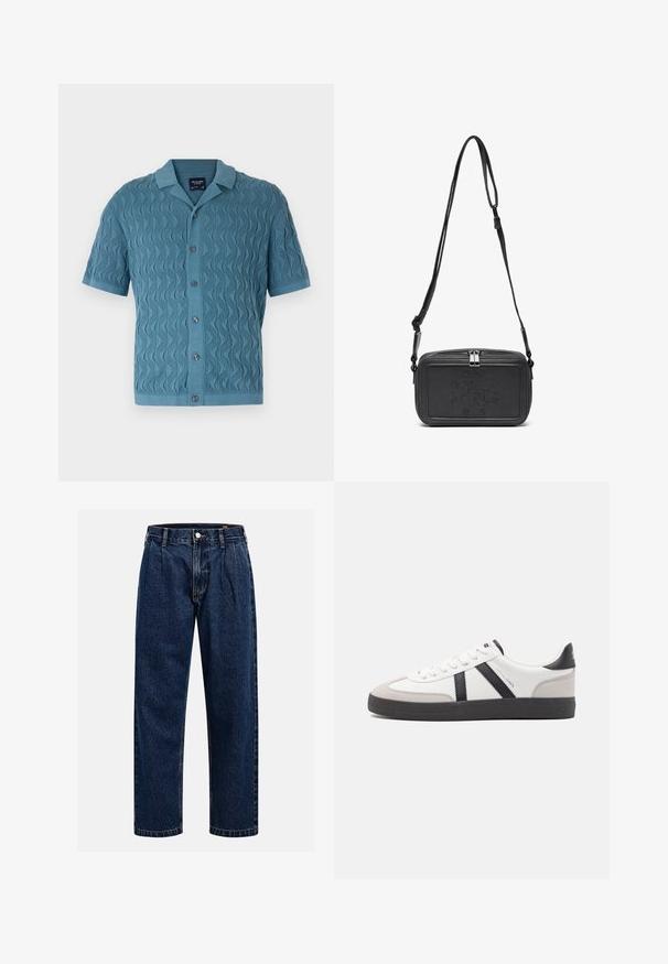 Kortärmad, blå stickad skjorta med en vågig mönster, krage och framknappar. Strävt tyg med ribbad nederkant och ärmslut.; Brun stickad tröja med polo-krage, tre knappar vid nacken och långa ärmar. Mjuk textur, ribbade manschetter och fåll.; Mörkblå denimjeans med rak bendesign. Har synliga sömmar, knappstängning och framträdande veck för extra detalj.; Vit sneaker med svarta och grå accenter, med en strukturerad grå tådel, svart gummisul, och platta vita skosnören. Ren design, minimalistisk stil.; Svart läder crossbody-väska med dragkedjestängning, präglad logga på framsidan och justerbar rem. Slät textur med rektangulär form.