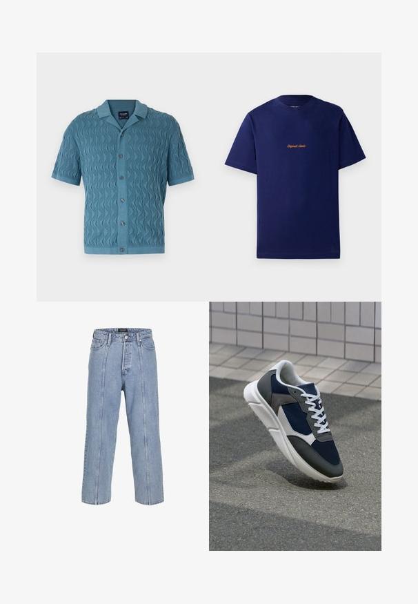 Lühikeste varrukatega sinine kudumispaita, millel on laineline muster, krae ja ettepoole asetsevad nööbid. Tekstuuriga kangas ribidega äärte ja varrukate osas.; Tumesinine puuvillane t-särk lühikeste varrukatega. Ees on väike, oranz tikandiga logo. Klassikaline ümar kaelus.; Heledad sinine teksapüksid, millel on lai lõige, laiad sääred ja nähtavad õmbluse detailid. Omab nööbiga ja lukuga kinni tõmmatavat piirdu, viis taskut.; Sneaker, mille sinine võrkkangas, hallid nubukdetailid, valge kummitald ja lamedad valged paelad, disainitud mugavuseks ja hingavuseks.
