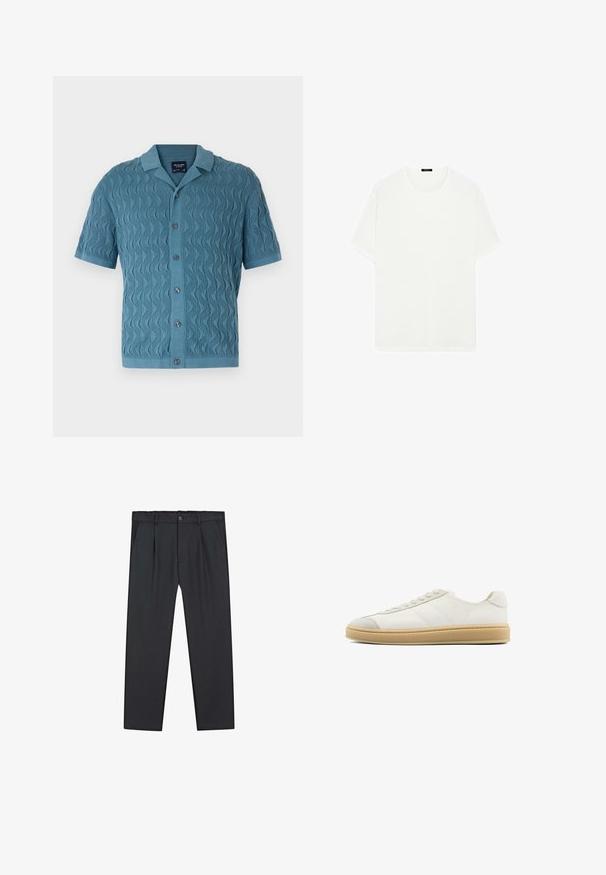 Kurze Ärmel, blaues Strickhemd mit einem wellenförmigen Muster, einem Kragen und vorderen Knöpfen. Strukturierter Stoff mit geripptem Saum und Bündchen.; Weißes T-Shirt mit kurzen Ärmeln aus weichem Stoff. Es hat einen klassischen Rundhalsausschnitt und eine gerade Schnittführung, ohne sichtbare Muster oder Akzente.; Schwarze, gerade geschnittene Hose aus leichtem Stoff mit Knopfverschluss, plissiertem Vorderteil und seitlichen Taschen. Durchgehend glatte Textur.; Weiße Wildledersneaker mit glatter Oberfläche, runder Zehenpartie, Schnürung und einer tanfarbenen Gummisohle. Mit dezenten Streifen an den Seiten und Akzenten an der Ferse.