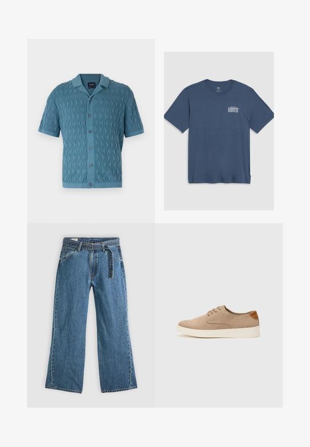 Rövid ujjú, kék kötött póló, hullámos mintával, gallérral és elől gombokkal. Textúrált anyag, bordás szegéllyel és mandzsettával.; Kék pamut póló, kerek nyakkivágással és rövid ujjal. A bal mellen fehér "Levi's" logó található. Egyszerű dizájn.; Kék farmer széles szárú nadrág, hozzáépített övvel, elülső zsebekkel és látható varrással, sima világos háttéren.; Beige velúr sportcipő, kerek orral, fűzős elülső résszel és textúrált hátsó részlettel. Fehér gumitalp kontrasztot ad. Egyszerű és modern design.