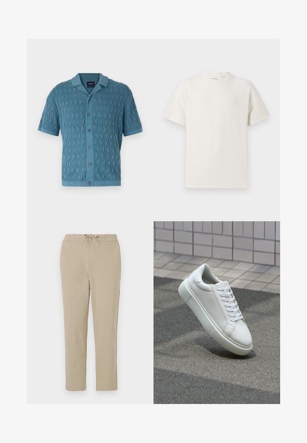 Short-sleeve, blue knitted shirt featuring a wavy pattern, a collar, and front buttons. Textured fabric with a ribbed hem and cuffs.; White short-sleeve T-shirt in a ribbed texture. Round neckline, relaxed fit, no visible patterns or accents. Simple and versatile design.; Beige lounge pants with an elastic waistband and drawstring, featuring a straight leg design and soft, smooth texture.; White leather sneaker with a smooth surface, round toe, and flat white laces. Features a textured rubber sole and minimal design elements.
