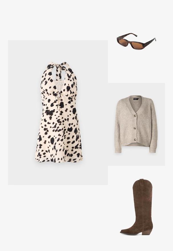 Beige gestrickte Strickjacke mit V-Ausschnitt und fünf Knöpfen, mit gerippten Bündchen und lockerer Passform. Weicher Stoff, keine sichtbaren Muster.; Halterkleid in hellem Beige mit schwarzem Punkte-Muster; verfügt über einen Kordelzug in der Taille für eine verstellbare Passform.; Braune Wildleder-Stiefel bis zum Knie mit spitzem Schuhpunkt, schrägem Absatz und abgerundeter Oberkante. Mit einer Nahtdetails an der Seite und einer dezenten Textur.; Braune Schildpatt-Sonnenbrille mit rechteckigen Gläsern, schlankem Profil und gebogenen Bügeln. Die Gläser haben einen braunen Farbton, das Gestell besteht aus Kunststoff.