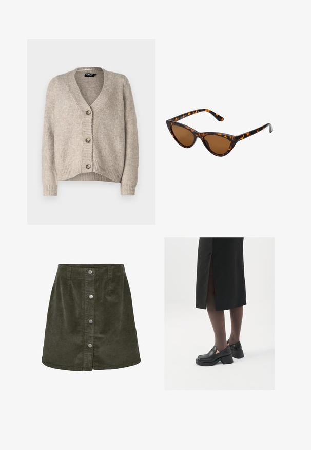 Beige gebreide cardigan met een V-hals en vijf knopen, voorzien van geribbelde boorden en een ontspannen pasvorm. Zachte textuur, geen zichtbare patronen.; Zwarte bodysuit met lange mouwen, voorzien van een mesh V-halslijn en geplooide schouderdetails. Glad fabric met een aansluitende pasvorm.; Donkergroene corduroy mini-jurk in A-lijn vorm, met vijf zilveren knoopsluitingen aan de voorkant en verticale ribbelstructuur.; Zwarte leren schoenen met een ronde neus, dikke blokhak en elastische zijkanten, gecombineerd met donkere panty's en een zwarte rok met een split.; Cat-eye zonnebril met een zwart en oranje schildpadframe, bruine lenzen en slanke, puntige uiteinden. Bevat een minimalistisch logo op de poot.