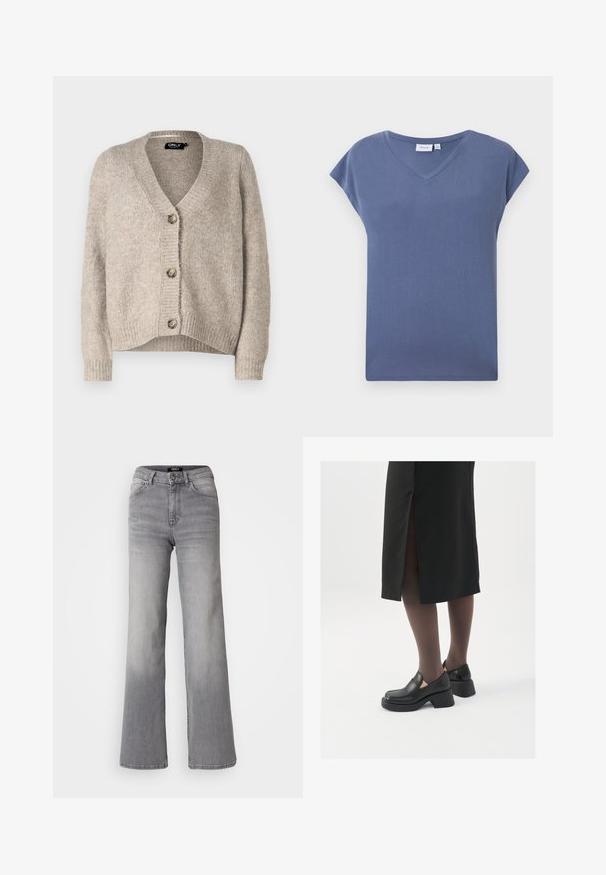 Beige knitted cardigan with a V-neck and five button closure, featuring ribbed cuffs and a relaxed fit. Soft texture, no patterns visible.; V-neck, short-sleeve T-shirt in a muted blue color, made of soft cotton material with a smooth texture and a relaxed fit.; High-waisted straight-leg gray denim jeans with front button and zipper, front and back pockets, and faded shading on thighs and calves.; Black leather shoes with a rounded toe, thick block heel, and elastic side accents, paired with dark tights and a black skirt with a slit.