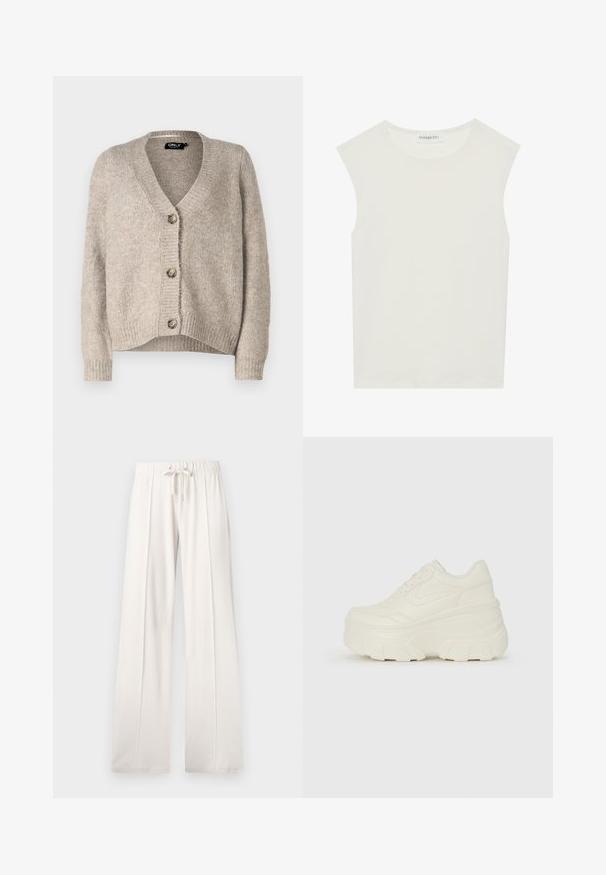Beige strikket cardigan med V-hals og fem knapper, med ribbestrikkede mansjetter og avslappet passform. Myk tekstur, ingen mønstre synlige.; Hvit ermeløs topp med rund hals. Laget av glatt stoff, har den en avslappet passform og minimalistisk design. Ingen mønstre eller detaljer.; Lyse beige joggebukser laget av mykt stoff, med snor i livet, vide ben og vertikale sømmer, med en jevn tekstur.; Hvite plattformsnickers med en glatt læraktig overdel, avrundet form, polstret krage og teksturert gummisåle med tydelige dekk.