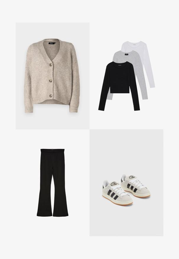 Beige pletený kardigan s výstřihem do V a zapínáním na pět knoflíků, s žebrovanými manžetami a volným střihem. Měkká textura, bez viditelných vzorů.; Tři trička s dlouhým rukávem naskládaná na sobě: černé, šedé a bílé. Každé má kulatý výstřih a kratší střih z hladkého, lehkého materiálu.; Černé legíny s rozšířením vyrobené z elastického materiálu. Mají široký pás a hladkou strukturu, s přiléhavým střihem, který se na lemu rozšiřuje.; Šedé semišové tenisky s bílými tkaničkami, černými pruhy a bílou gumovou podrážkou. Mají kulaté logo na jazyku a gumovou podrážku.