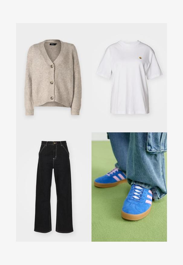 Pull cardigan beige en tricot, avec un col en V et une fermeture à cinq boutons, présentant des poignets côtelés et une coupe décontractée. Texture douce, sans motifs visibles.; T-shirt en coton blanc avec une coupe décontractée, des manches courtes et un petit logo brodé sur la poitrine gauche.; Jean large noir en denim, avec des coutures blanches contrastantes et une fermeture à bouton à l'avant, ainsi que deux poches avant en biais.; Des chaussures en daim bleu avec des rayures roses et des lacets blancs, dotées d'une semelle en caoutchouc gomme, assorties à un pantalon en denim ample sur une surface verte.