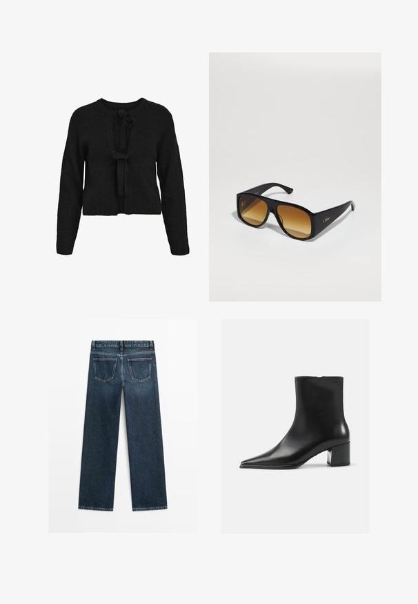 Sort strikket cardigan med en cropped længde, lange ærmer og lukning med frontbinding. Ribbet tekstur og rund halsudskæring.; Hvid skjorte med knapper og lodrette lysegrå striber, spredt krave, lange ærmer og en afslappet pasform. Fremstillet af letvægtsstof.; Mørkeblå denimjeans i lige snit med to baglommer og synlig syning langs sømme og kanter.; Sort læder ankelstøvle med spidse tæer, glat tekstur og mellemhøj blokhæl. Minimalistisk design, lynlås lukning bagpå.; Sorte rektangulære solbriller med brune gradientlinser. Lavet af plast, med en glat overflade og et diskret guld logo på stangen.
