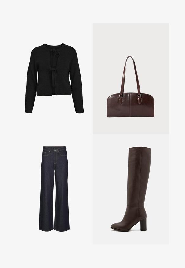 Sort strikket cardigan med en cropped længde, lange ærmer og lukning med frontbinding. Ribbet tekstur og rund halsudskæring.; ferskenfarvet chiffonbluse med flæser foran, udvidede ærmer og snøre lukning ved halsen. Blød tekstur og svajende silhuet.; Højtaljede brede bukser i mørk denim. Har klassisk stikning, fem lommer og knaplukning foran.; Brun læderknæhøj støvle med en blokhæl, glat tekstur, rund tå og minimale syninger.; Brun lædertaske med to lange håndtag, en struktureret rektangulær form, glat tekstur og afrundede kanter. Har accentdetaljer ved håndtagene.